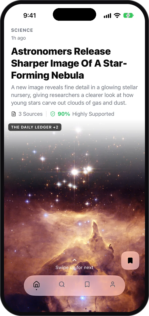 News.ai home feed showing a story with summary and fact-check score