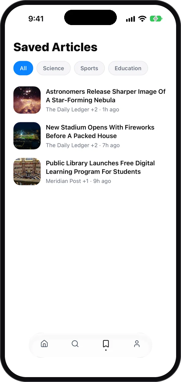 Saved articles filtered by topic