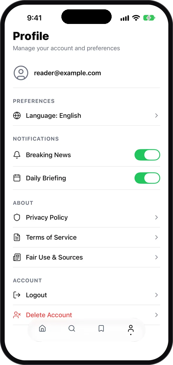 Profile screen with language and notification settings